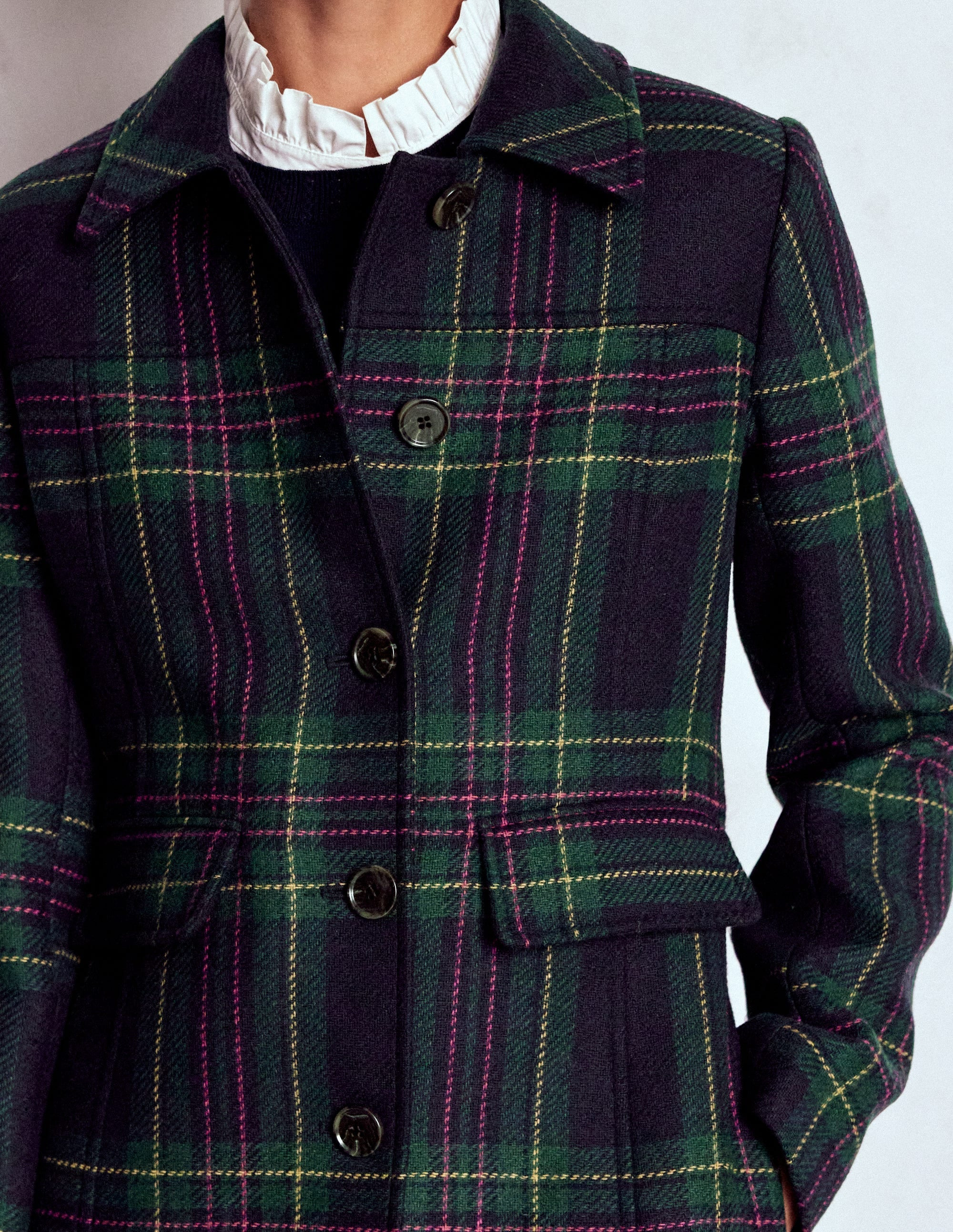 St Albans Fitted Coat-Navy & Green Tonal Check | Boden (US)