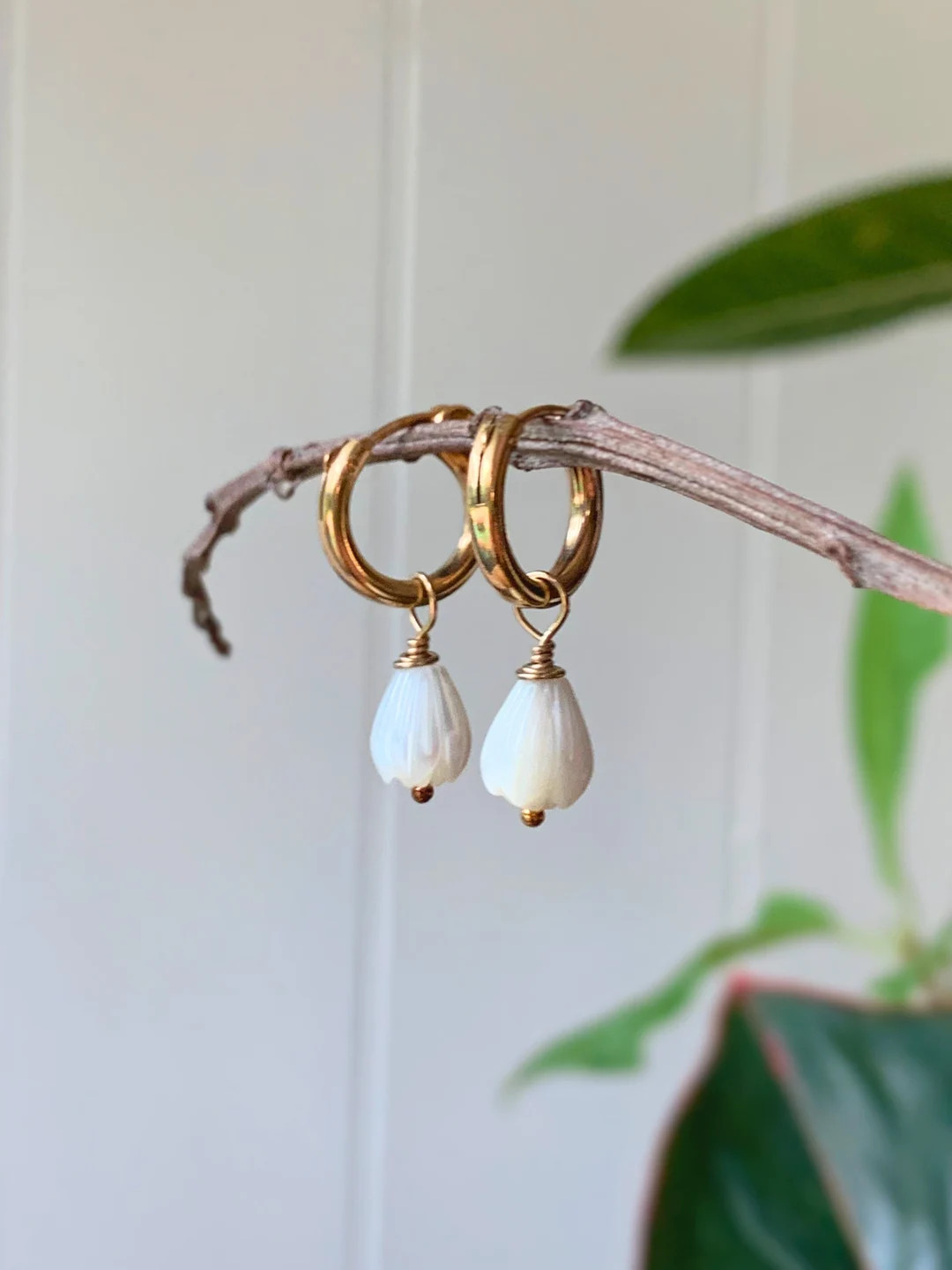 Valued Collection: Pikake Earring on Small Gold Hoops, Genuine Mother of Pearl Pikake Earrings, F... | Etsy (US)