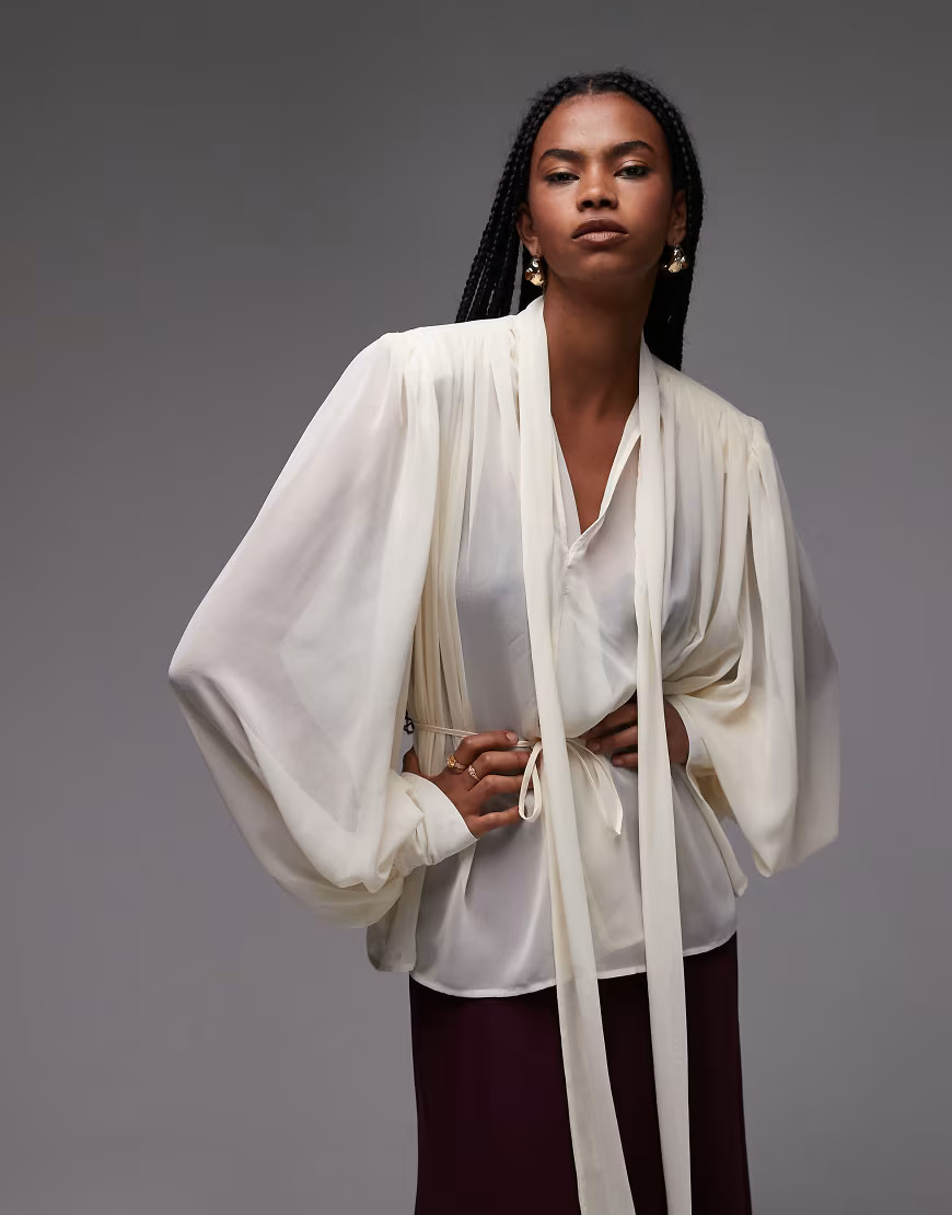 ASOS DESIGN chiffon shoulder pad boho tie blouse in ecru-White | ASOS (Global)