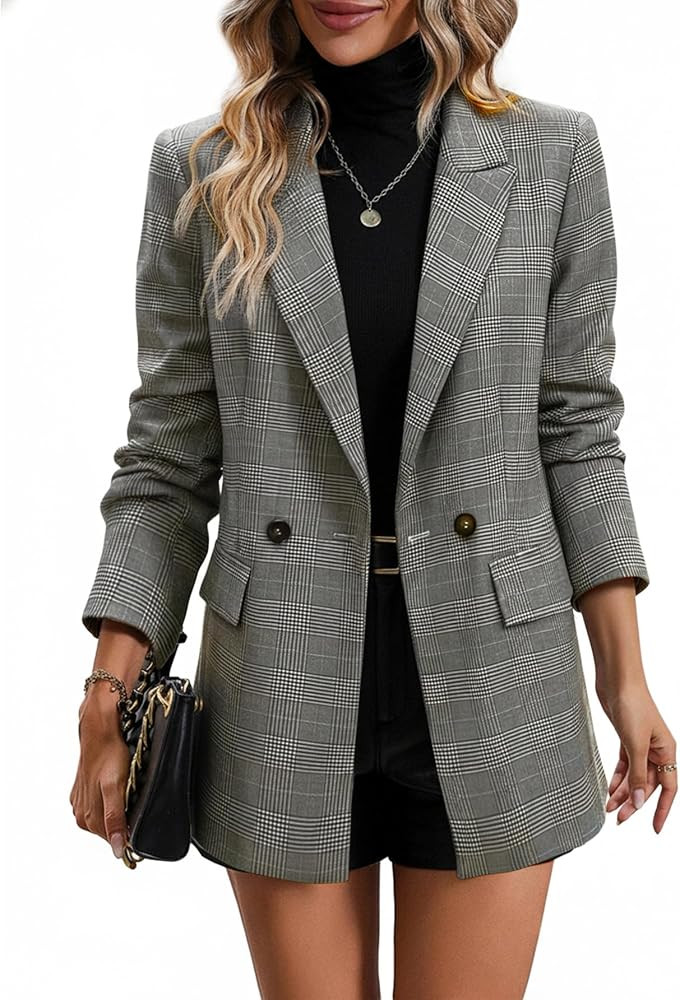 Mina Self 2025 Women's Plaid Houndstooth Blazer Jacket - Fully Lined Business Casual Office Suit ... | Amazon (US)