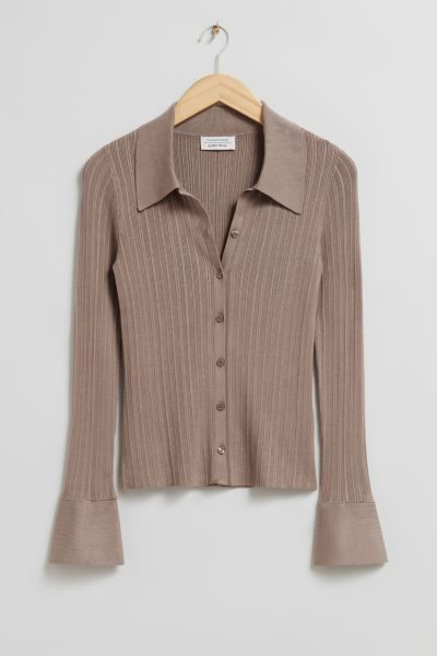 Knitted Polo Shirt  - Dusty Brown - Ladies | H&M GB | H&M (UK, MY, IN, SG, PH, TW, HK)