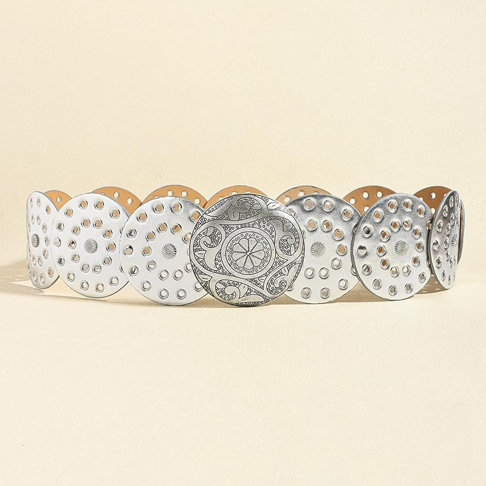 Women Hollow Disc Belt Wide Boho Concho Leather Belt Western Cowboy Belt Metal Vintage Belt Y2k A... | Amazon (US)