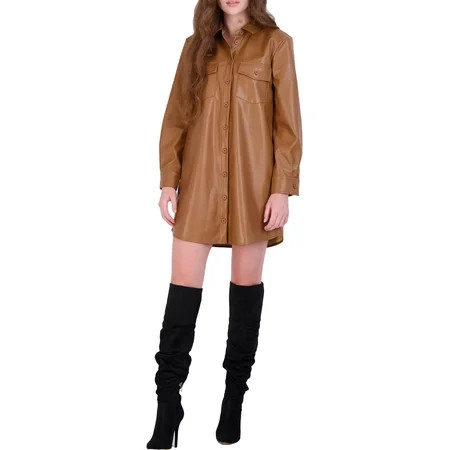 BB Dakota Women s Vegan Leather Button Down Mini Shirt Dress | Walmart (US)