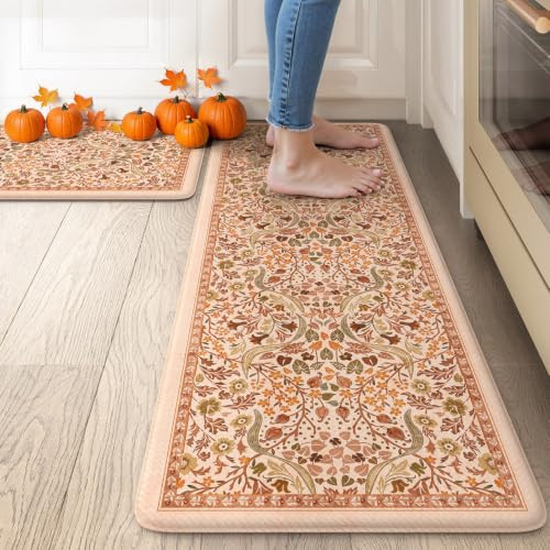 Collive Fall Anti Fatigue Kitchen Mats, Burnt Orange Floral Kitchen Rugs | Amazon (US)