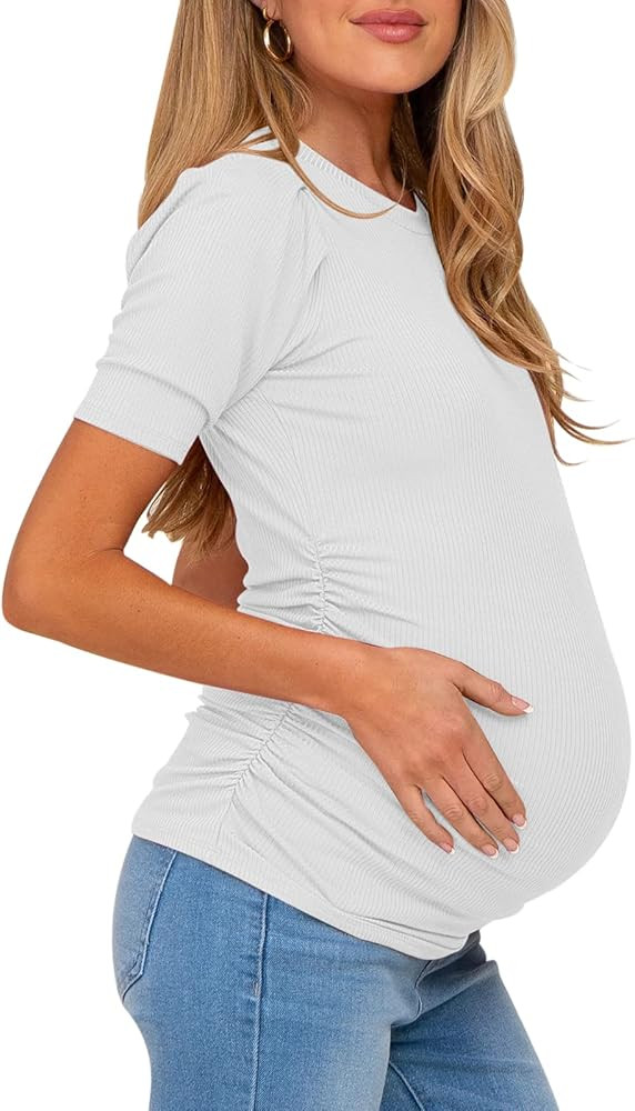Moyabo Women's Maternity Puff Sleeve Knit Ribbed Short Sleeve Side Ruching Round Neck Shirts Tops | Amazon (US)