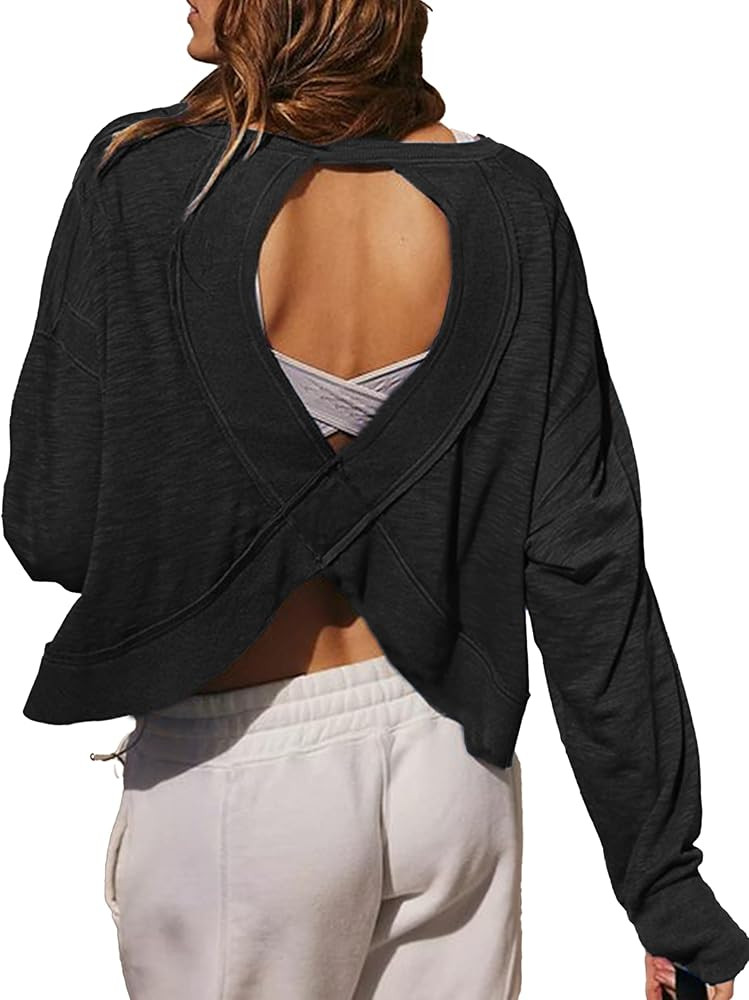 Women's Open Back Workout Crop Top Long Sleeve Casual Athletic Shirts Yoga Tee | Amazon (US)