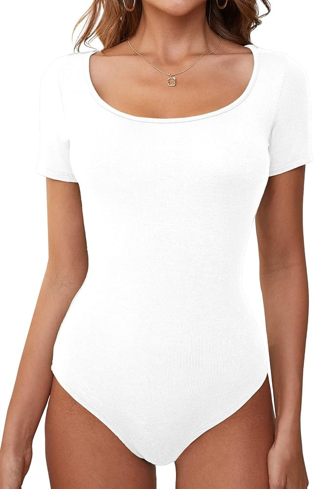 LAOLASI Women's Short Sleeve Bodysuits Square Neck Stretchy Slim Fit Body Suit Jumpsuit Tops | Amazon (CA)