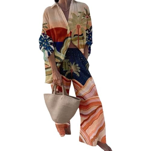 Akivide Womens Beach Vacation 2 Piece Outfits Long Sleeve Button Down Shirts and Matching Drawstring Waist Pants Summer Sets | Amazon (US)