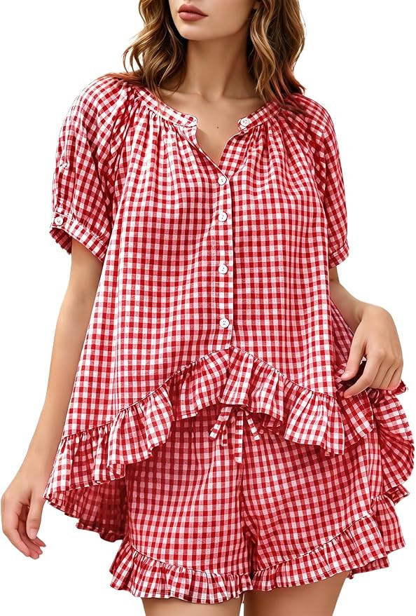 Yimoon Womens Gingham Pajamas Set Plaid Cotton Pj Set Puff Sleeve Ruffle Babydoll Shirt Shorts Su... | Amazon (US)