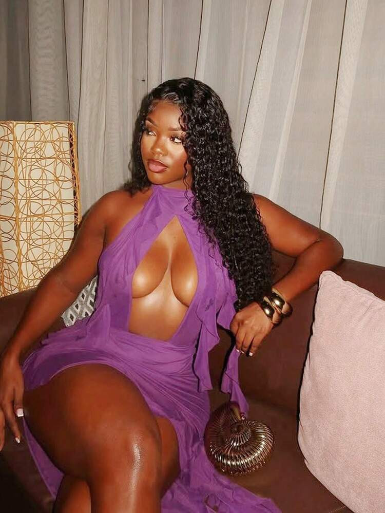 Women's Solid Color Hollow Neck Sleeveless Mini Dress With Ruffle Edge, Elegant And Sexy Nightclub Clothing, Autumn Indoor Dress,Off The Shoulder Dress | SHEIN