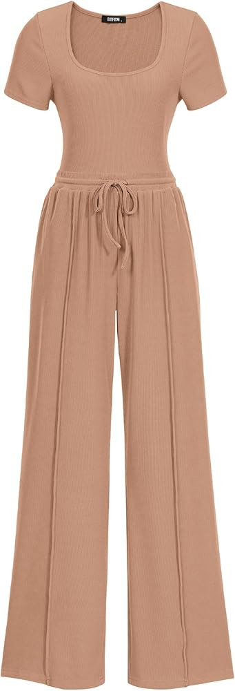 BTFBM Women's Casual 2 Pieces Outfits Square Neck Short Sleeve Shapewear Bodysuit Drawstring Pant... | Amazon (US)