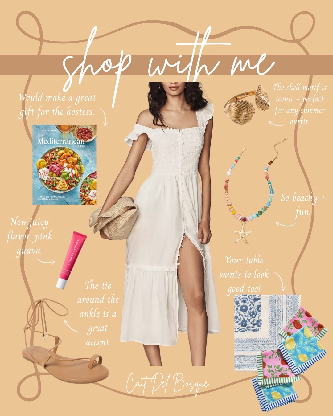 Step into summer with this dreamy Mediterranean-inspired style edit, perfect for casual gatherings or hostess moments. I paired this effortlessly chic white off-the-shoulder dress with lace-up neutral sandals + a statement shell bracelet for the ultimate beachy vibe. Add a pop of juicy color with the new Summer Fridays Lip Butter Balm in pink guava, + don’t forget to accessorize your table with vibrant block print napkins + Mediterranean-style linens.

Whether you’re shopping for the perfect hostess gift like The Mediterranean Dish cookbook or adding a touch of coastal charm with a colorful beaded necklace, this curation brings the Girl Dinner Club aesthetic to life.

Summer style, outfit inspo, white dress, summer dress, summer outfit, dinner outfit, date night outfit, hostess gift, coastal grandmother, summer, home, girl dinner, beauty, Amazon, Anthropologie, quince, Abercrombie, summer Fridays, Target, sandals, slides, ankle tie sandals, jewelry, bracelet, necklace, tablescape



#LTKStyleTip #LTKSummerEdit #LTKHome