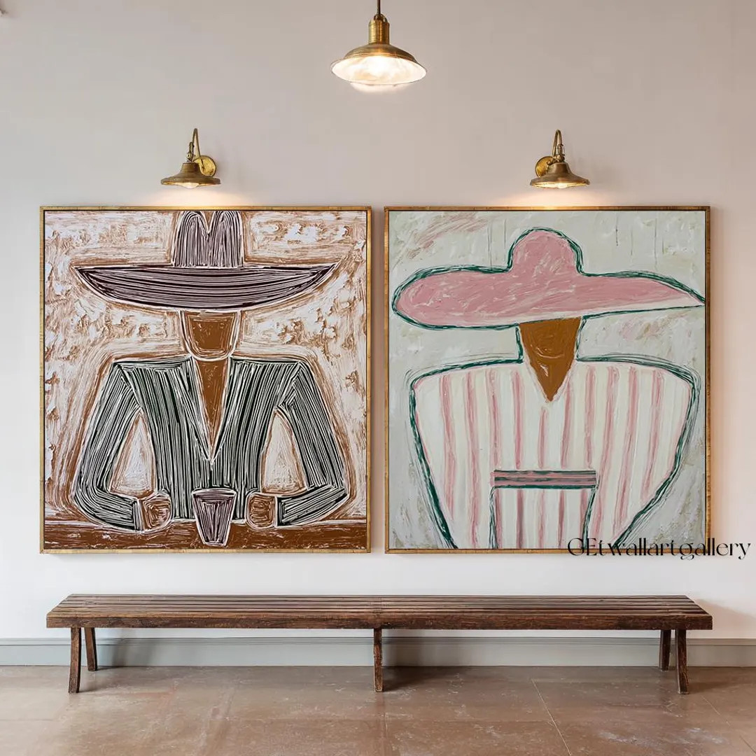 Set of 2 Western Cowboy Oil Painting Set of 2 Abstract Man and Woman Wall Art Modern Abstract Art... | Etsy (US)