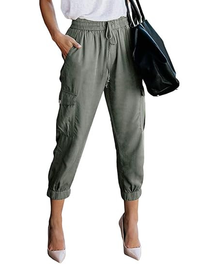 Women's Elastic Waist Cargo Casual Drawstring Pants Ankle Length Jogger Cropped Trousers with Poc... | Amazon (US)