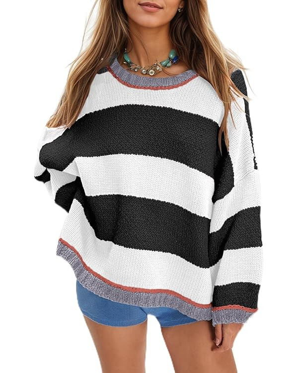 Women's Chunky Knit Striped Sweaters Casual Long Sleeve Crew Neck Oversized Pullover Sweater Wint... | Amazon (US)