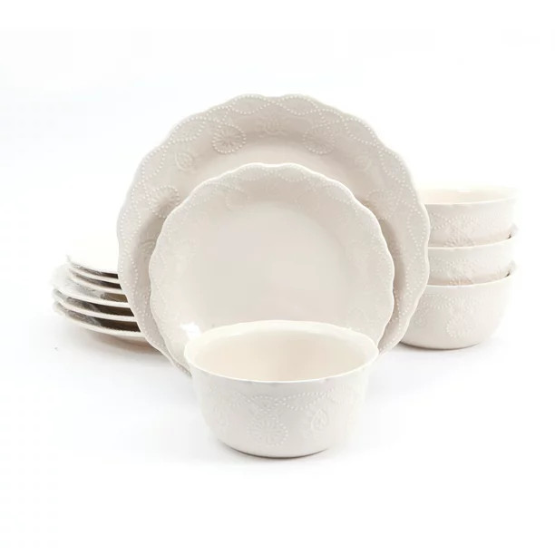 The Pioneer Woman Cowgirl Lace 12-Piece Dinnerware Set, Linen - Walmart.com | Walmart (US)