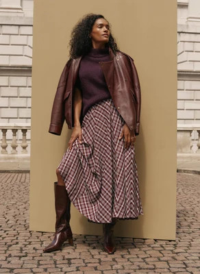 Burgundy Checked Midi Skirt | Mint Velvet