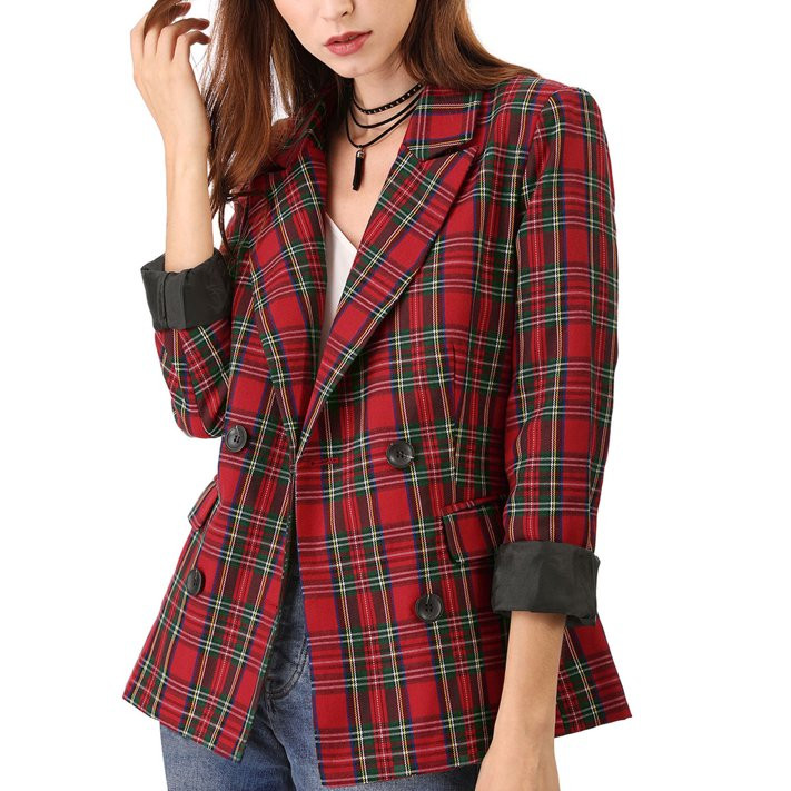 Allegra K Women's Halloween Costume Notched Lapel Double Breasted Plaid Blazer Jacket - Walmart.c... | Walmart (US)