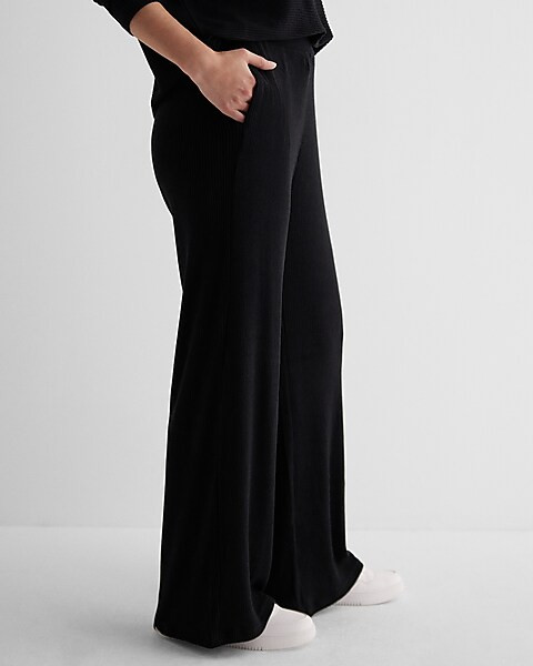 High Waisted Ribbed Cozy Knit Pull On Wide Leg Pant | Express