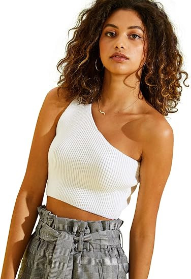 SheIn Women's Plain One Shoulder Stretchy Ribbed Knit Crop Top | Amazon (US)