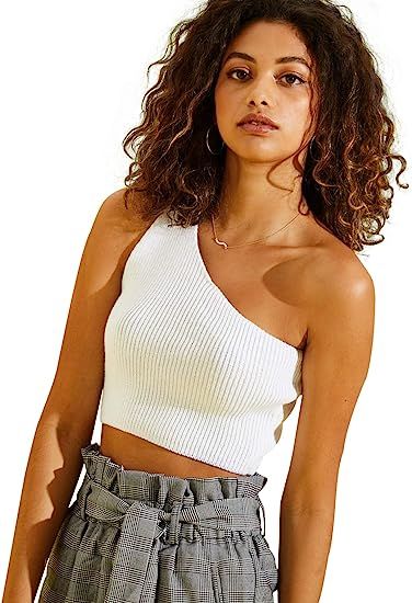 SheIn Women's Plain One Shoulder Stretchy Ribbed Knit Crop Top | Amazon (US)