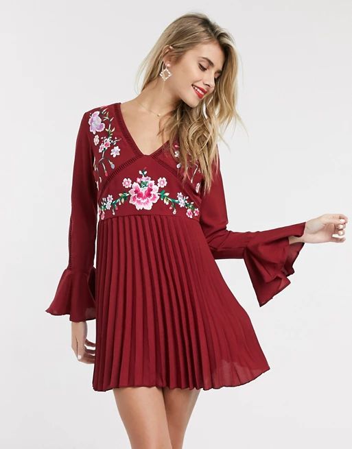 ASOS DESIGN embroidered pleated mini dress with lace inserts | ASOS (Global)