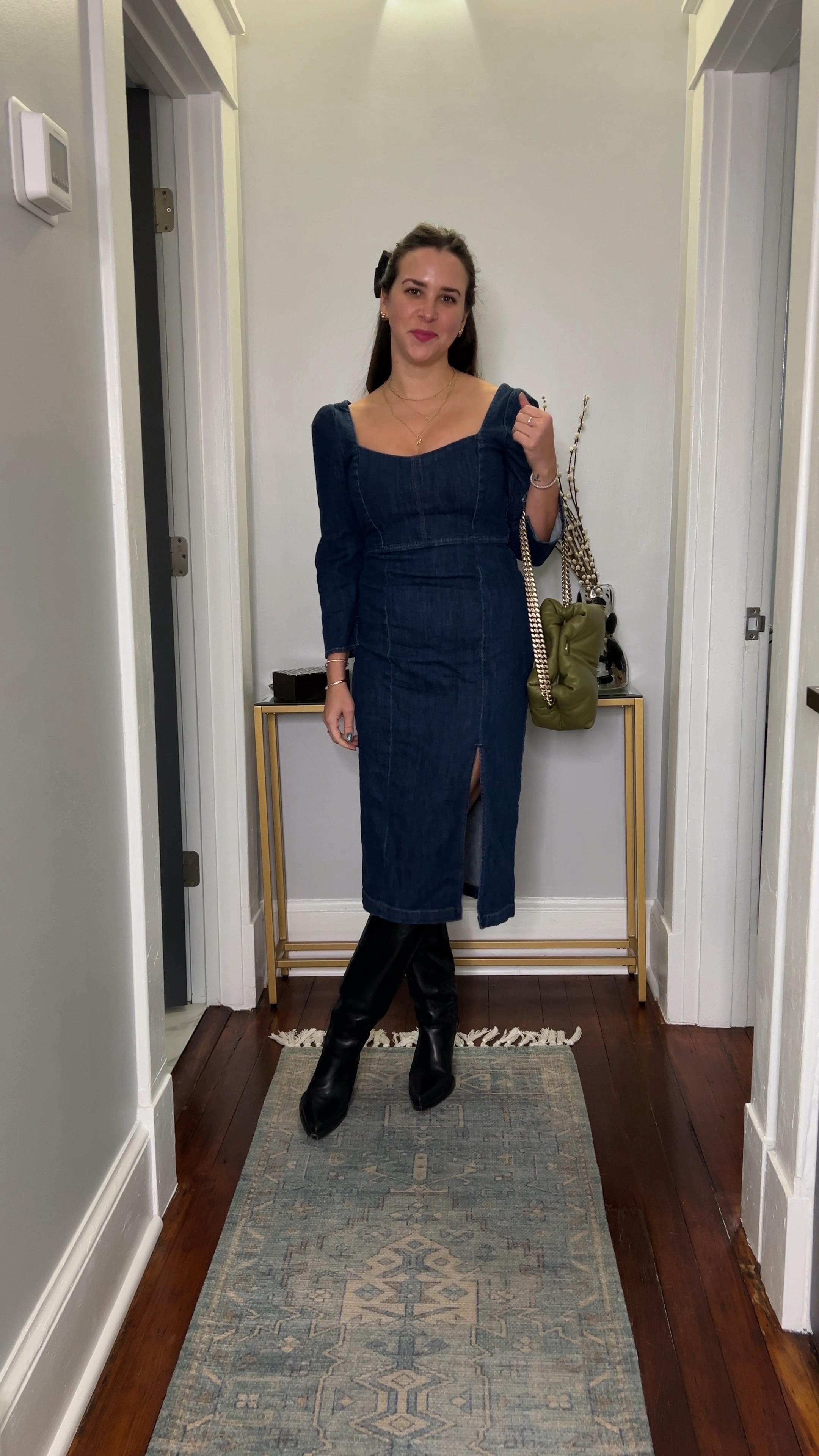 Denim dress. Midi dress. Denim midi dress. Knee high boots. proenza schouler. Casual dress. Hair bow.

#LTKVideo #LTKstyletip #LTKfindsunder50