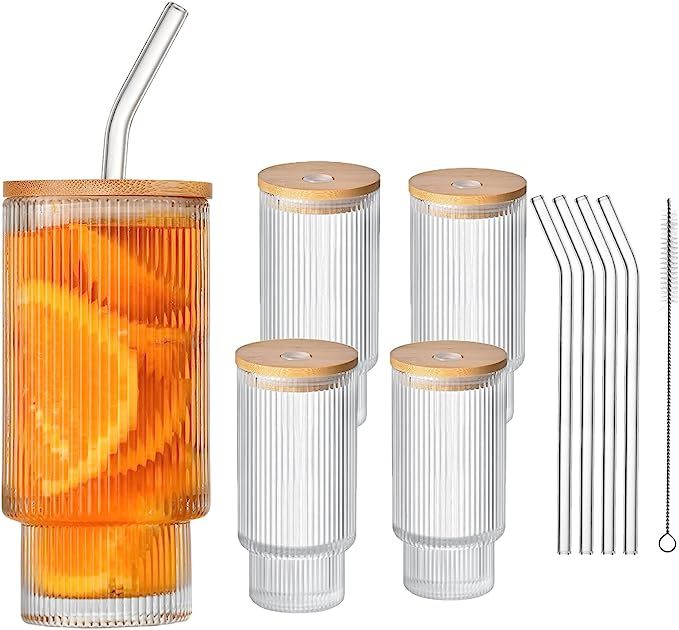 XiRiDa 4 Pcs Ribbed Drinking Glasses-12 oz Glass Cups with Bamboo Lids and Glass Straws,Origami S... | Amazon (US)