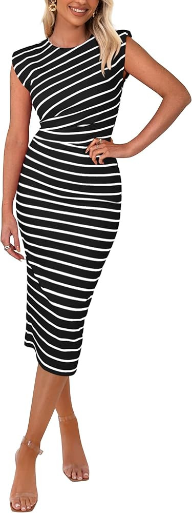 PRETTYGARDEN Women's 2025 Summer Striped Dress Casual Sleeveless Crewneck Shoulder Pads Knit Body... | Amazon (US)