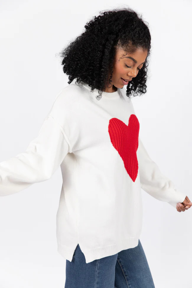 In My Heart Ivory and Red Cable Knit Heart Sweater FINAL SALE | Pink Lily