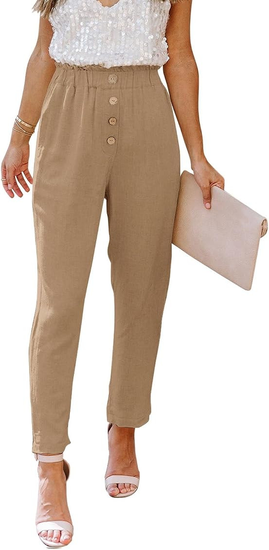 NIMIN Womens Casual Loose Pants Comfy Cropped Work Pants with Pockets Elastic High Waist Paper Bag P | Amazon (US)