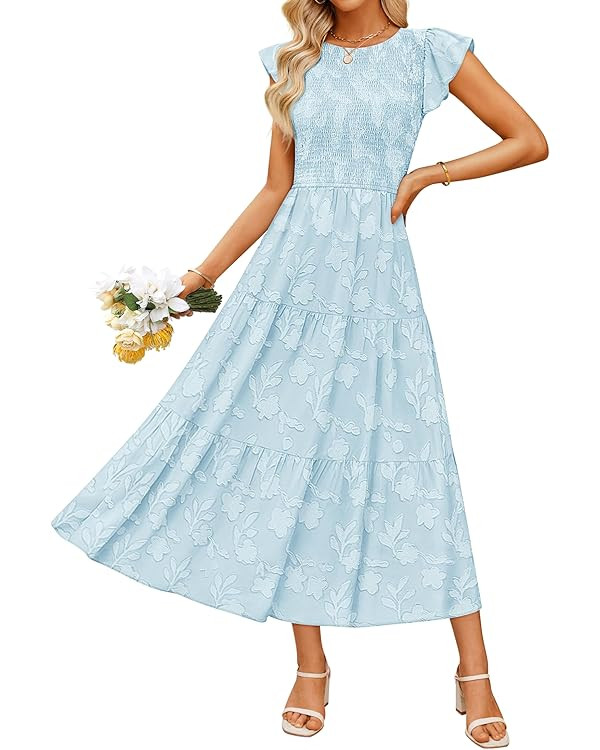 ZESICA Women's Summer Boho Floral Midi Dress 2026 Casual Flutter Short Sleeve Crewneck Smocked Fl... | Amazon (US)