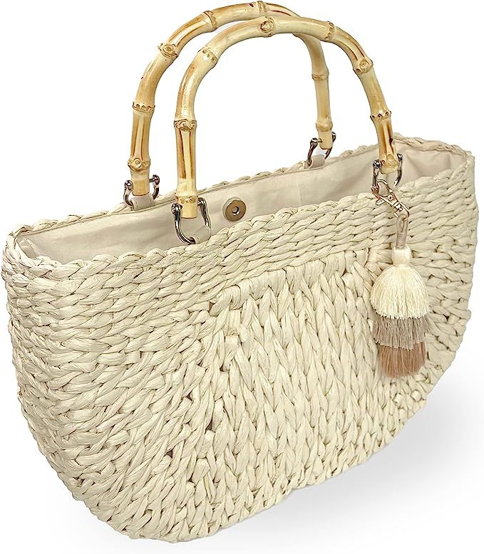 Hello Beaches Handwoven Straw Bag with Bamboo Top-Handle for Women Beach Fashion – Round Base R... | Amazon (US)