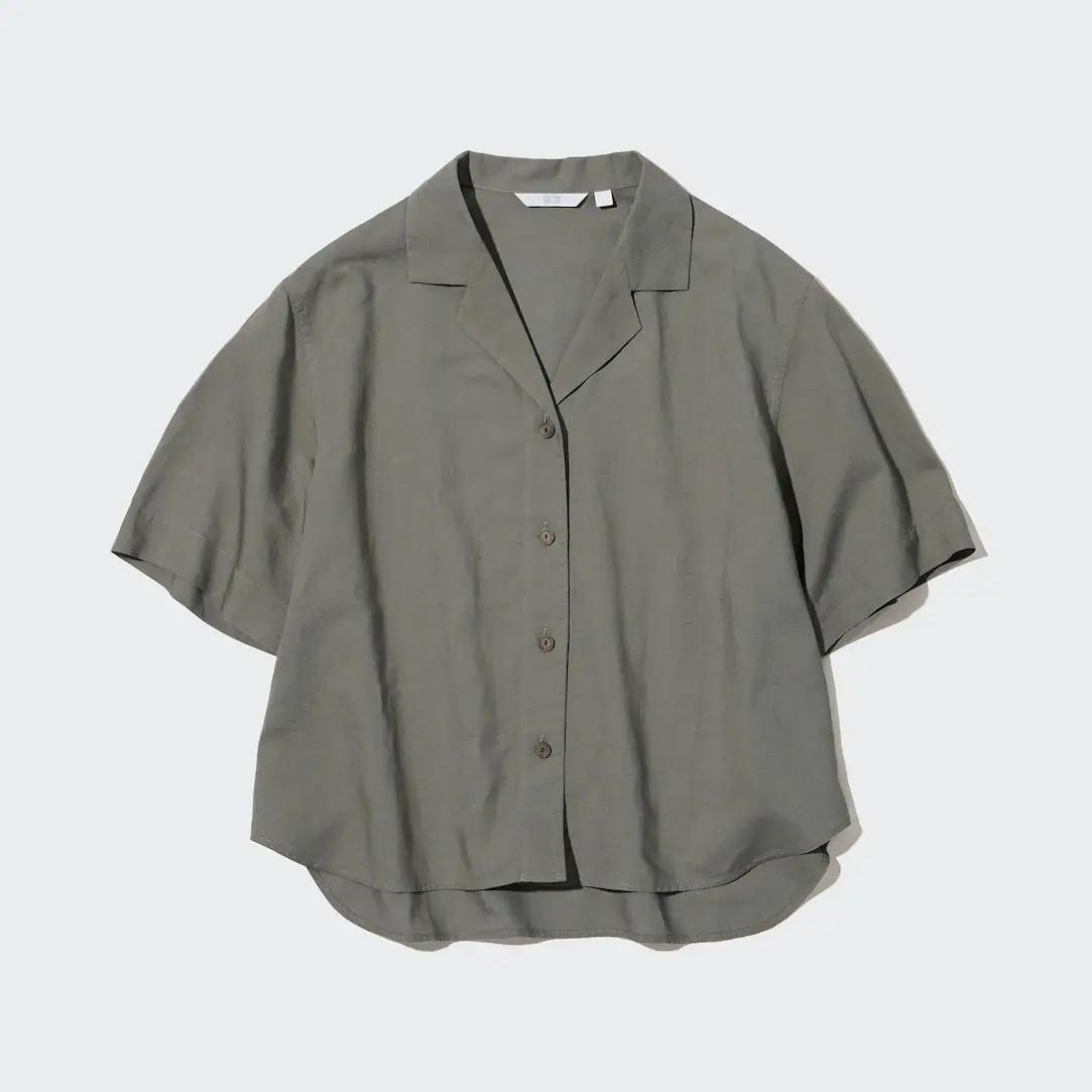 Leinen Mix Kurzarm Bluse mit offenem Kragen | UNIQLO (DE)