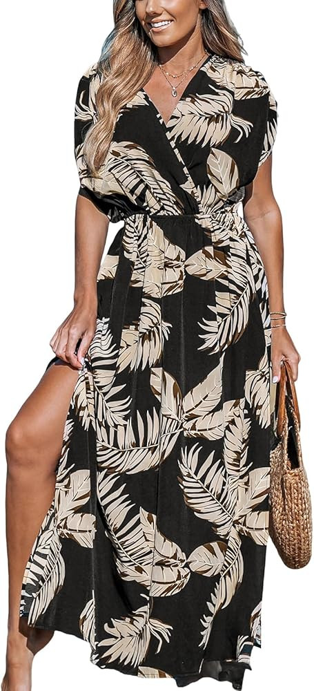 CUPSHE Women's Plunging V Neck Dress Tropical Leaves Print Dresses Short Sleeve Split Hem Maxi Dr... | Amazon (US)