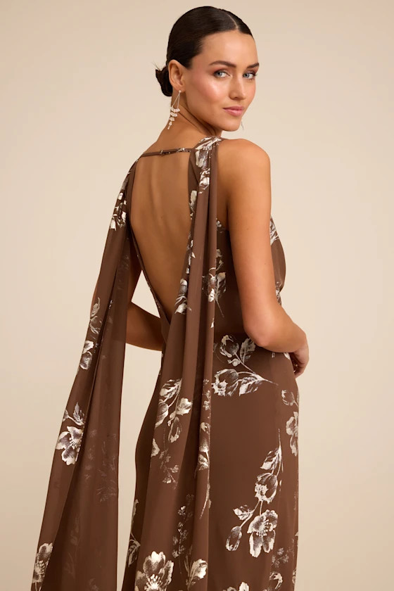 Sidonia Brown and Gold Floral Cowl Sash Maxi Dress | Lulus