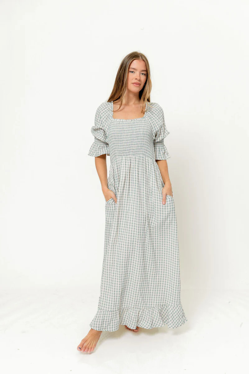 Sienna 100% Cotton Puff Sleeve Maxi Dress in Light Indigo Plaid (Lined | Worth Collective