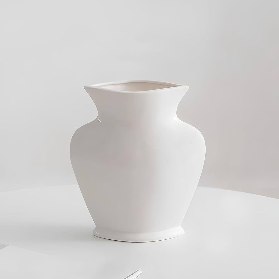 White Ceramic Vase for Home Decor, 7.7" H x 2.7" W, Flat Urn Shape Pedestal Vases for Bouquets, D... | Amazon (US)