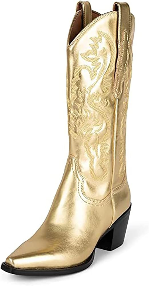 Women's Cowgirl Embroidered Mid-Calf Western Boots, Pointed Toe Medium Block Chunky Heel 6cm Stitchi | Amazon (CA)