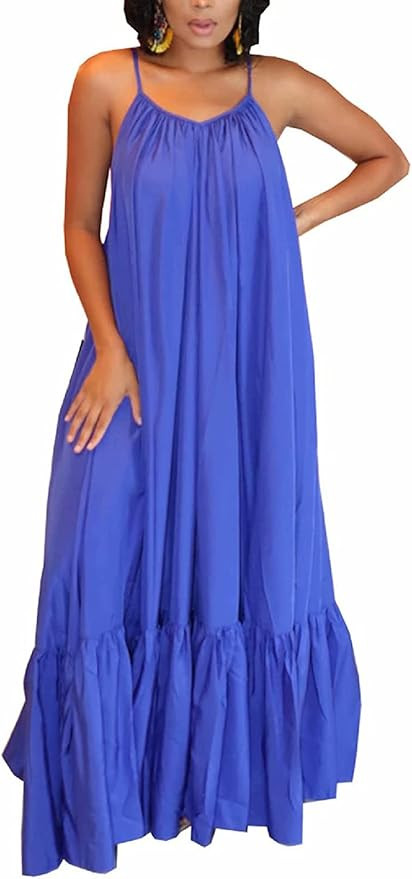 Womens Sexy Sleeveless Spaghetti Strap Dress Ruched Ruffle Hem Beach Loose Long Maxi Swing Dress ... | Amazon (US)