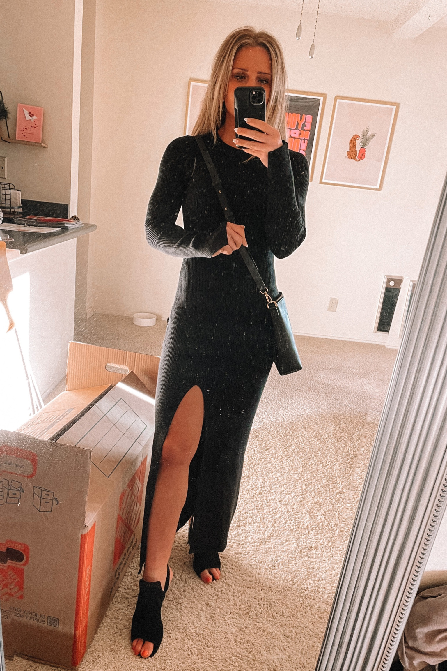 what I wore to dinner - this ribbed sweater dress is everything! excuse the mess while moving. heels were thrifted  