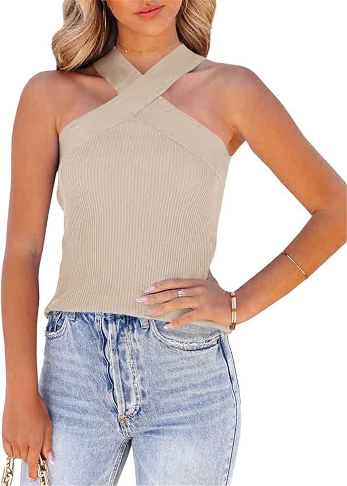Womens Criss Cross Halter Sweater Vest Tops Summer Sleeveless Pullover Casual Lightweight V Neck ... | Amazon (US)