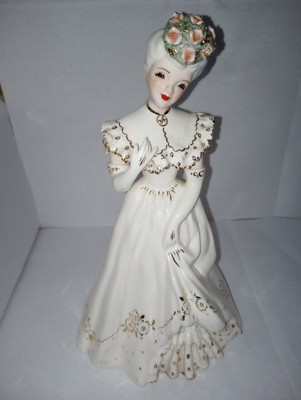 1950 Florence Ceramic Uncommon Lady in White Lace Dress and Blue Rose Hat 22 k | eBay US