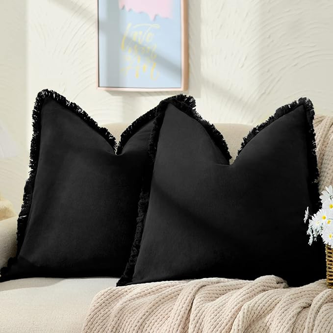 ZWJD Pillow Covers 18x18 Set of 2 Black Throw Pillow Covers with Fringe Chic Cotton Decorative Pi... | Amazon (US)