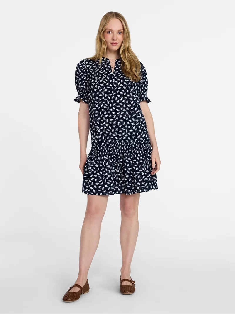 Time and Tru Women's Cotton Double Cloth Mini Dress with Drop Waist, Sizes XS-XXXL | Walmart (US)