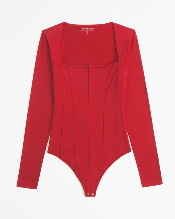 Women's Long-Sleeve Cotton-Modal Squareneck Corset Bodysuit | Women's Tops | Abercrombie.com | Abercrombie & Fitch (US)