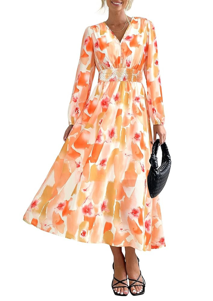 PRETTYGARDEN Women's Floral Midi Dress Casual Fall V Neck Long Sleeve Flowy Spring Beach Wedding ... | Amazon (US)