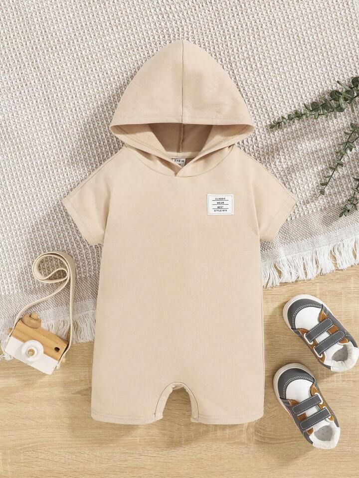 SHEIN Baby Boy Letter Patched Detail Hooded Romper | SHEIN