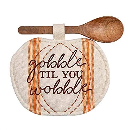Mud Pie Gobble Pumpkin Pot Holder and Spoon Set, 6 1/2" x 8 1/4" 9", White | Amazon (US)