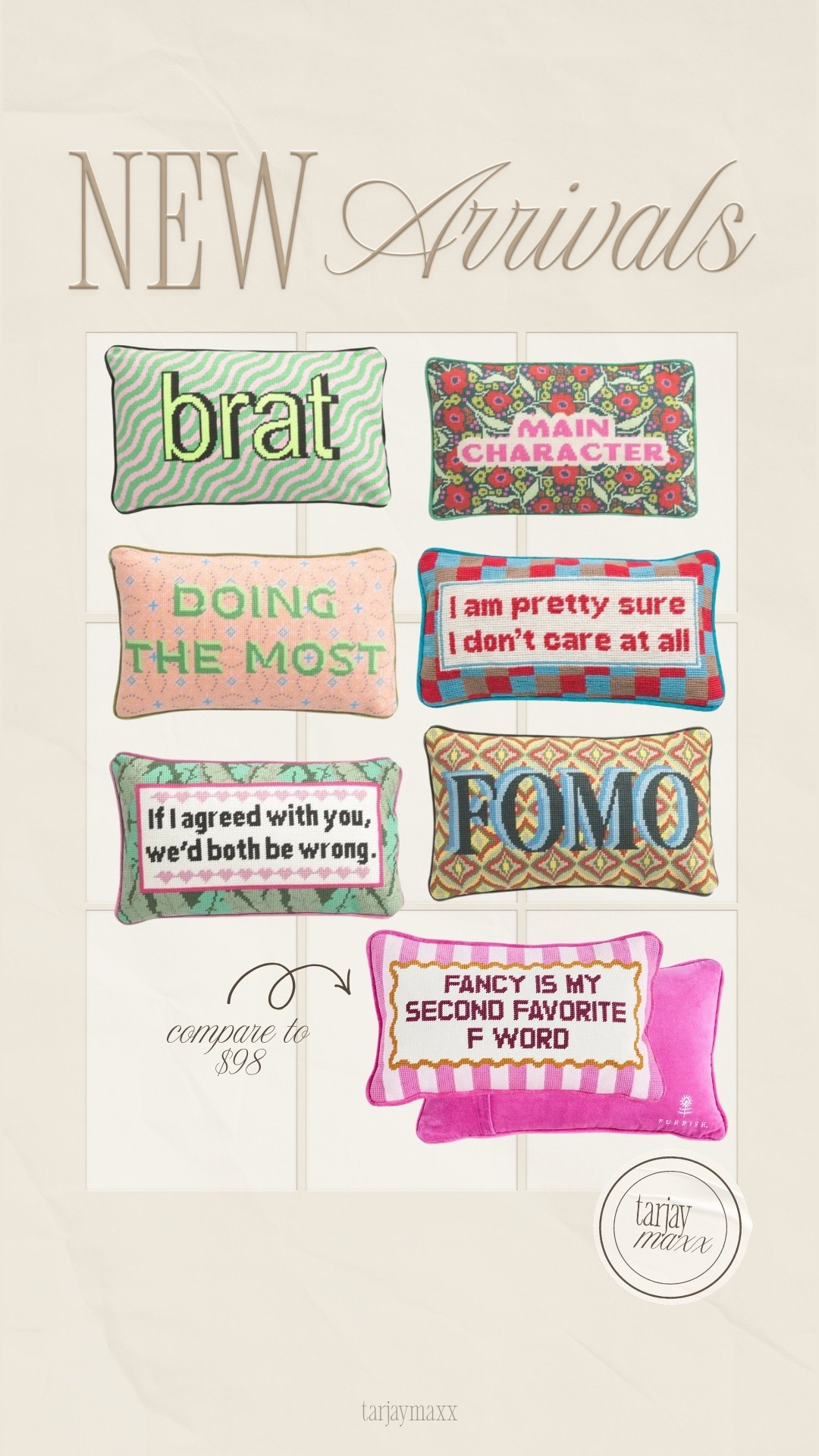 Furbish studio needlepoint pillows at tj maxx for a fraction of the cost! These retail for $98 at Anthropologie and only $29.99 at TJ Maxx! The same exact brand! Needlepoint pillows are having such a moment right now — they add instant charm, personality, and that cozy grandmacore touch to any space. I love how they mix traditional detail with playful sayings, making them perfect for layering on a sofa, bed, or accent chair. If you’ve been seeing them everywhere, this is your sign to grab one before they sell out. 

#LTKHome #LTKSaleAlert #LTKgrwm